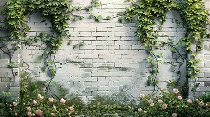 A white painted brick wall with green three-point ivy crawling up. Generative AI.