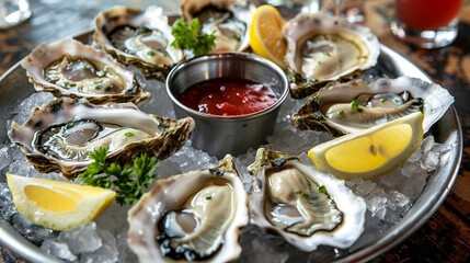 Gourmet Fresh Oysters on Ice with Lemon and Sauce