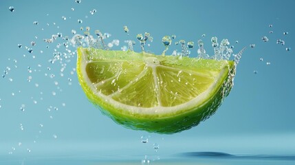 3D render of a lime slice suspended in midair, with water droplets captured in high definition against a clear blue background