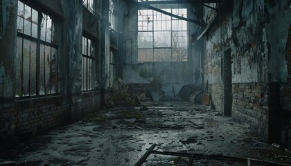 An abandoned factory building, its windows shattered and its walls covered in a layer of gritty, industrial dust