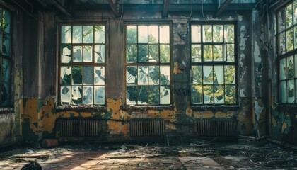 An abandoned factory building, its windows shattered and its walls covered in a layer of gritty, industrial dust