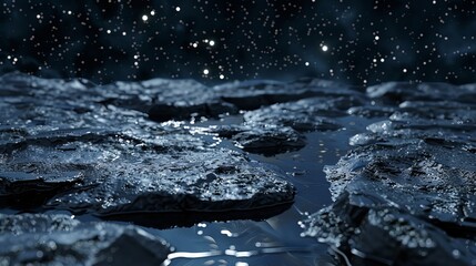 Detailed close-up of a reflective wet volcanic rock floor, with a night sky in the background featuring bright stars