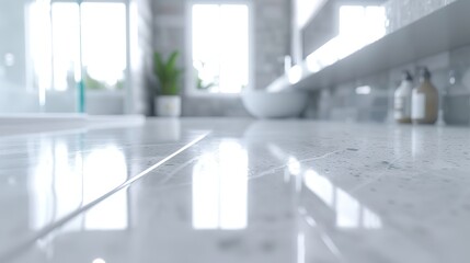 Detailed close-up of a white reflective marble countertop against a bright bathroom background, depicted in realistic digital art with high detail and 4K resolution