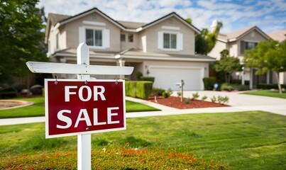 House for sale. A stunning real estate photograph of a suburban home with a "FOR SALE" sign in the yard