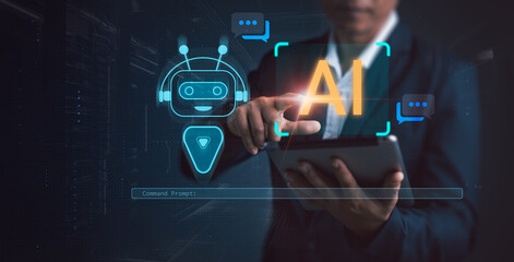 Businessman used technology smart robot AI on laptop,  Connect Chatbot for provide access to data in online network, Futuristic technology transformation. Ai technology. Artificial Intelligence