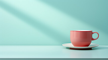 A red coffee cup sits on a white plate on a table