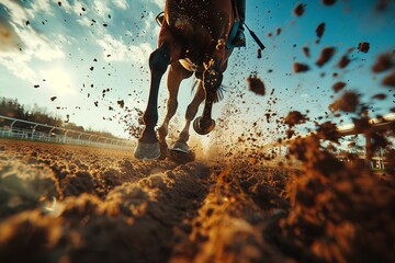 Enjoyable horse racing wager action view from a low vantage point consisting of competitive hoofed legs in motion, vast blue sky, and earth rupture and space, Generative AI.