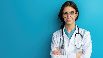 A young doctor is a woman on a blue background in a white coat. He looks at the camera and smiles. The concept of health and care.