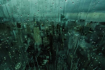 Obraz premium Raindrops falling upwards on a distorted cityscape, symbolizing a world turned upside down in a confused mind