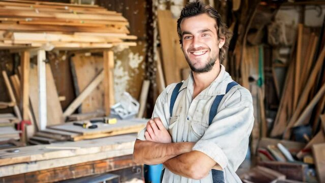 A portrait of smiling male carpenter standing in front of his woodwork workshop