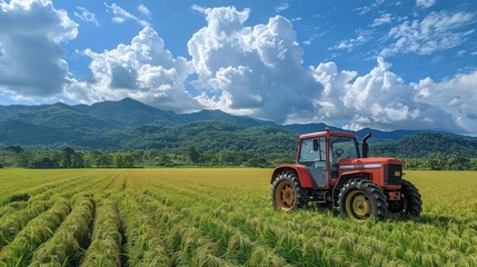 Countryside Charm: Tractor Amidst Verdant Paddy Field, Bathed in Sunshine and Blue Skies