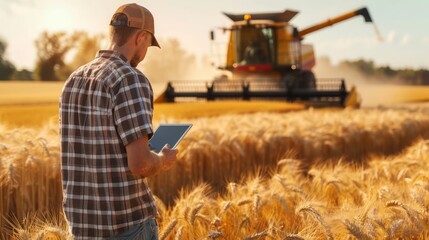 Field Inspection: Young Agronomist Uses Tablet to Check Wheat Quality with Combine Harvester in Action