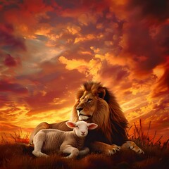 Vibrant sunset sky with a powerful lion and a gentle lamb living in harmony, symbolizing unity and coexistence.