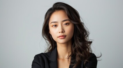 Naklejka premium Entrepreneurial Spirit, A real photo showcasing a young Asian woman with an entrepreneurial mindset, ready to take on challenges against a neutral white backdrop. 