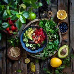 Peaceful still life composition of a balanced meal, surrounded by greenery, promoting mindful eating and a healthy lifestyle.