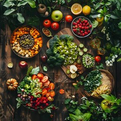 Peaceful still life composition of a balanced meal, surrounded by greenery, promoting mindful eating and a healthy lifestyle.