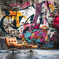 Vibrant graffiti art on a weathered concrete wall, showcasing urban street art.