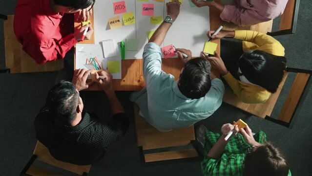 Top view of people writing and making scrum task board while writing marketing and planning strategy at colorful sticky notes. Smart team manage work performance by using kanaban board. Convocation.
