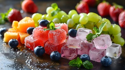 Sweet colorful fruits and ice cubes on dark background, Refreshing summer concept, juicy