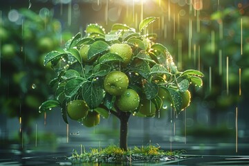 Green apple tree with neon shining. Generative AI.