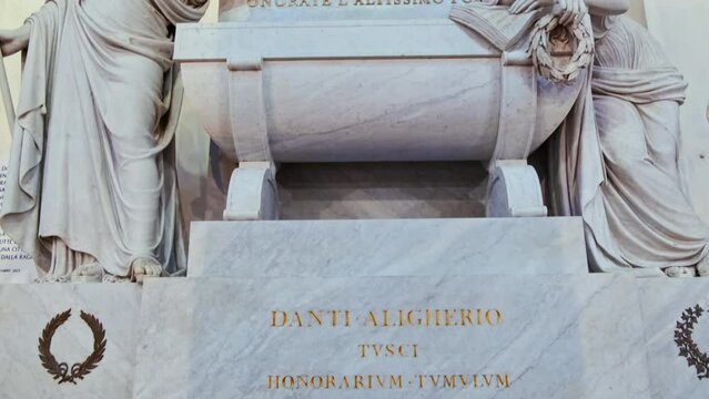 The cenotaph of Dante Alighieri at the Basilica di Santa Croce in Florence, Tuscany, Italy, also known as the Temple of the Italian Glories