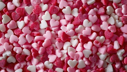A background of colorful pink, red and white heart shaped candy in various sizes scattered on the surface.