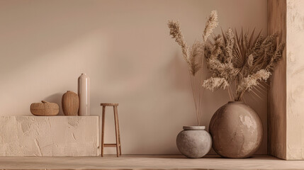 Minimalist natural interior design decor with textured elements and dry plants. Interiors composition with copyspace for text.