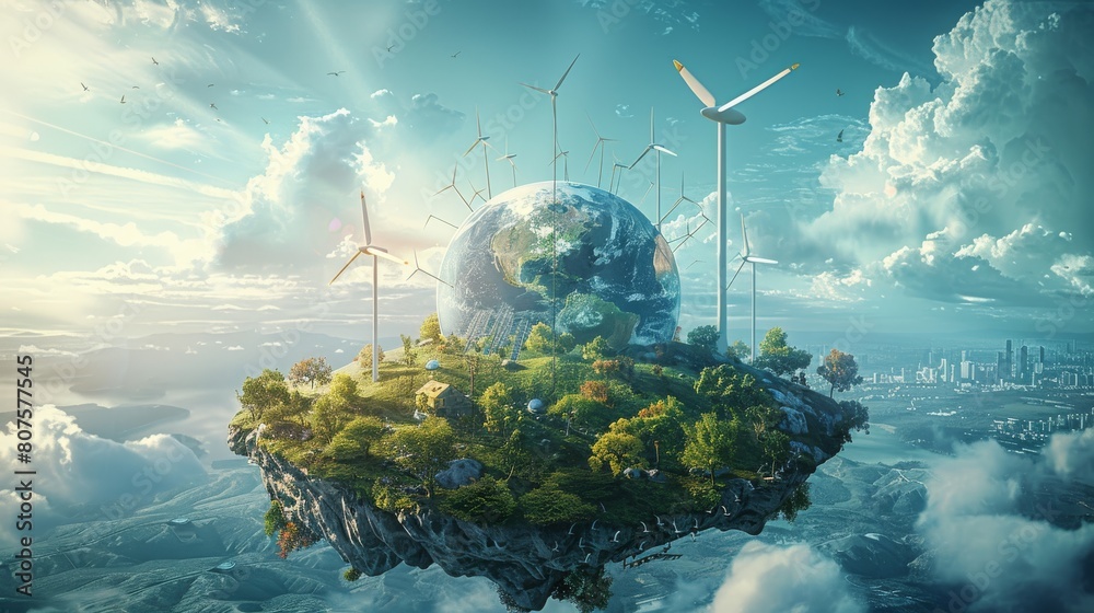 Poster a symbolic image showing humanity united in an embrace around the earth as a sphere, with solar fiel