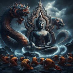Obraz premium An old Buddha statue in a meditation posture with ancient Thai characteristics, white skin, and a distinctive and striking figure. Gives the feeling of a heavy rain atmosphere. There were monks sittin