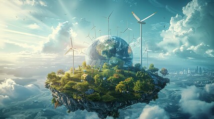 A symbolic image showing humanity united in an embrace around the Earth as a sphere, with solar fields and wind turbines surrounding the landscape. Generative AI.