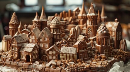 Chocolate town with skyscrapers. Sweet urbanism. Houses and buildings made from chocolate
