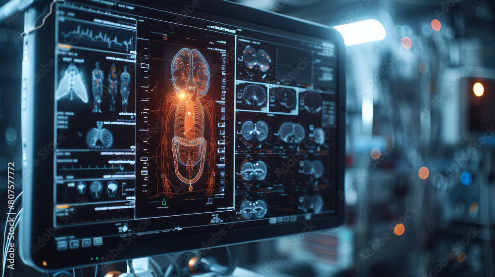 Aufkleber Close up of an old black digital display with medical images on it in a dark room. Generative AI.