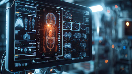 Close up of an old black digital display with medical images on it in a dark room. Generative AI.