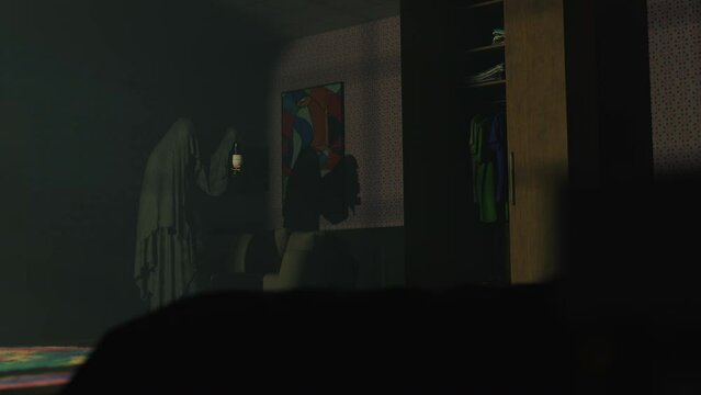 Bedroom horror scene, monster gliding through the room with a lantern, opening wardrobe, passing cars light through the window, very high bitrate 4k night scene