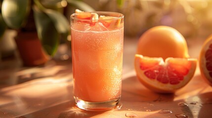 Golden Hour - A glass of grapefruit juice reflecting the golden hour sunlight, set against a clean, muted background.