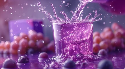 Grape juice pouring into a crystal clear glass, creating a dynamic purple splash, with a plain purple juice box in the background