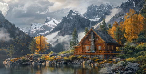 Fototapeta premium Cozy cabin, wooden cabin surrounded by mountains. Generative AI.