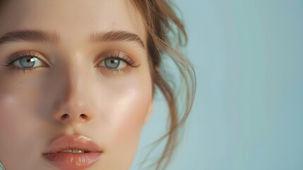 Fototapeta premium Portrait beautiful young woman with clean fresh skin. Model with healthy skin, close up portrait. Cosmetology, beauty and spa