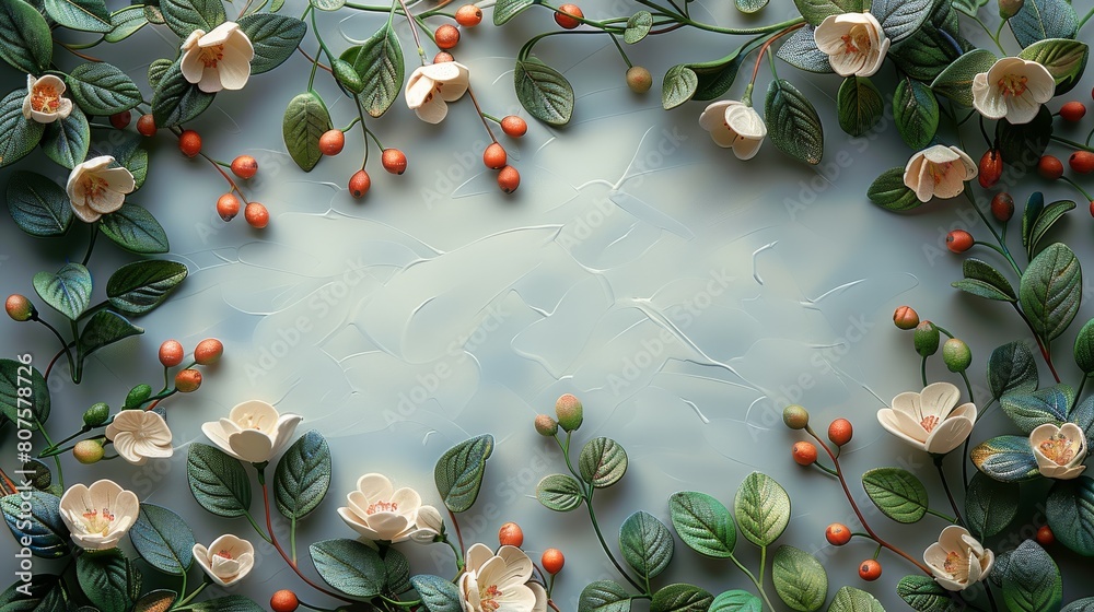 Poster A card with a delicate frame of intertwining botanical elements, such as vines, leaves, and small blooms. The frame should leave a central space for a personalized message. Generative AI.