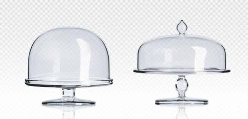 Glass cake stand plate and dome cover. Realistic 3d vector illustration set of plastic transparent tray for sweet dessert food safe display and storage. Empty glassware showcase platter and cloche.