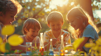 A group of children engaging enthusiastically in an outdoor science experiment with test tubes and beakers, illuminated by warm, golden sunlight filtering through trees.