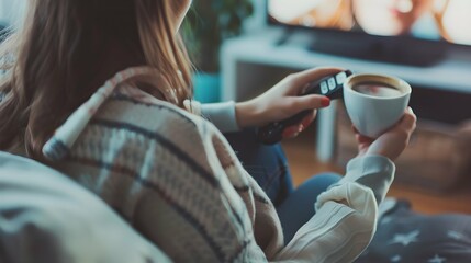 Photo of girl drinking coffee and using remote control while watching tv