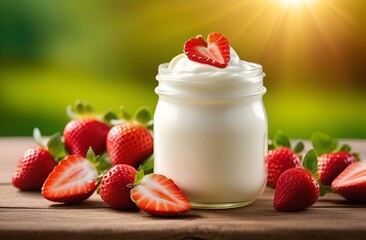 Greek yogurt with strawberries in a glass jar. Healthy breakfast, healthy eating. Generative AI.