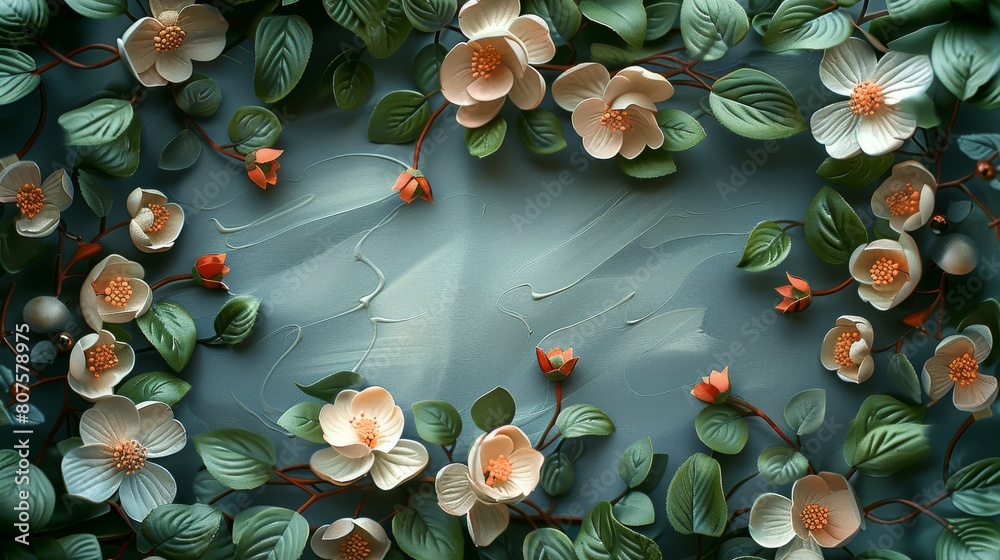 Poster A card with a delicate frame of intertwining botanical elements, such as vines, leaves, and small blooms. The frame should leave a central space for a personalized message. Generative AI.