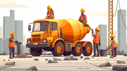 A concrete truck is pouring concrete at a construction site with a construction engineer at the controls.