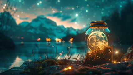 miniature landscape, photorealistic shining moon in a bottle with mystical fairy lights, Aurora Borealis in the background