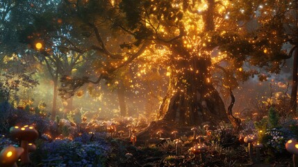 Enchanting digital art of a mystical forest at night illuminated by a glowing, magical tree and sparkling mushrooms.