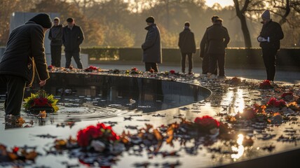 An image of a war memorial or monument, with people laying wreaths or flowers in remembrance of those who lost their lives in conflicts.