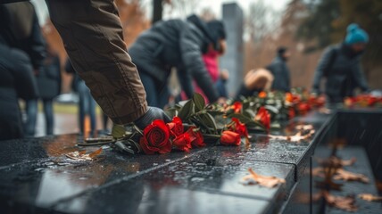 An image of a war memorial or monument, with people laying wreaths or flowers in remembrance of those who lost their lives in conflicts.