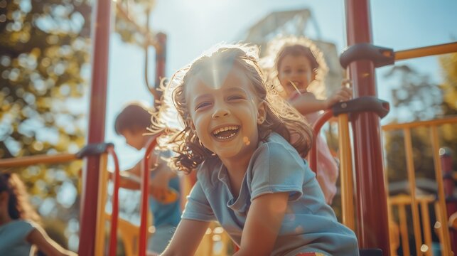  group of children climbing a jungle gym, their laughter echoing through the air, with a sun-drenched playground in the background, 